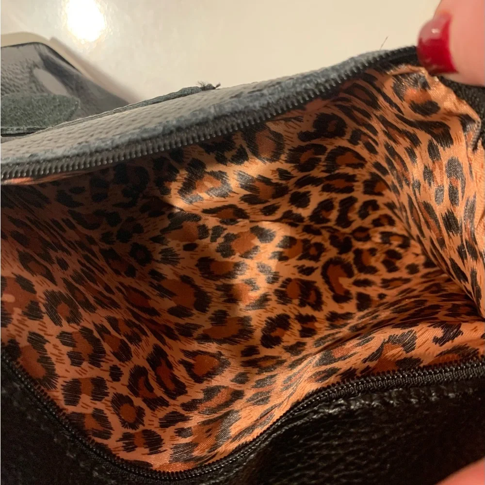 Soft Genuine Leather Black Frame Clutch Wallet | Leopard Lining